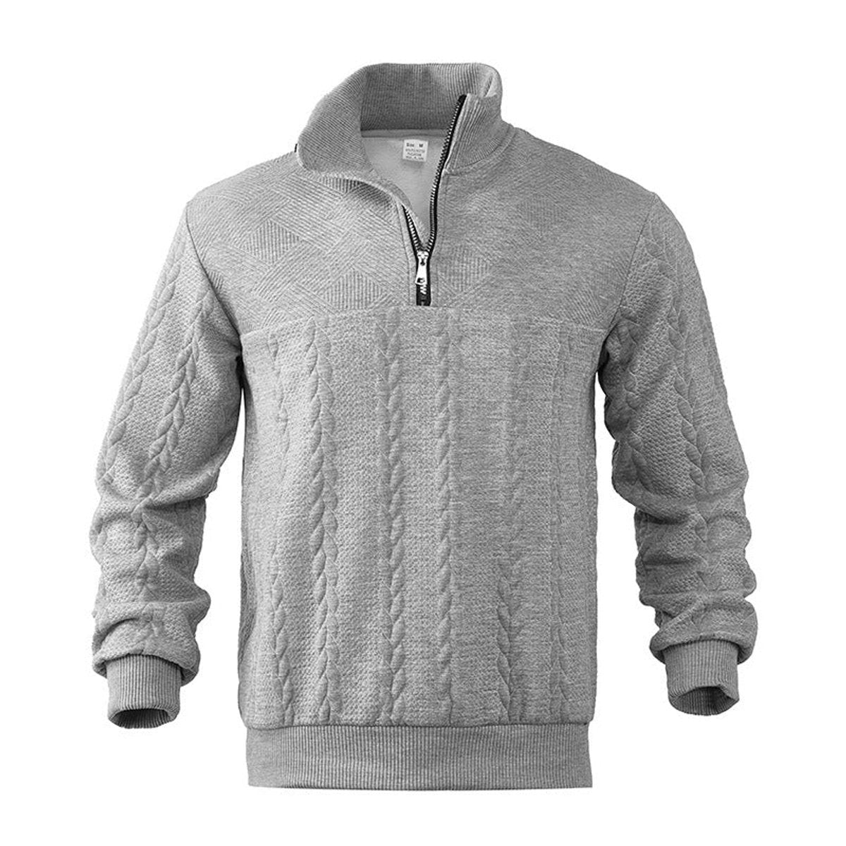 Light grey quarter-zip pullover jumper showing cable knit detailing