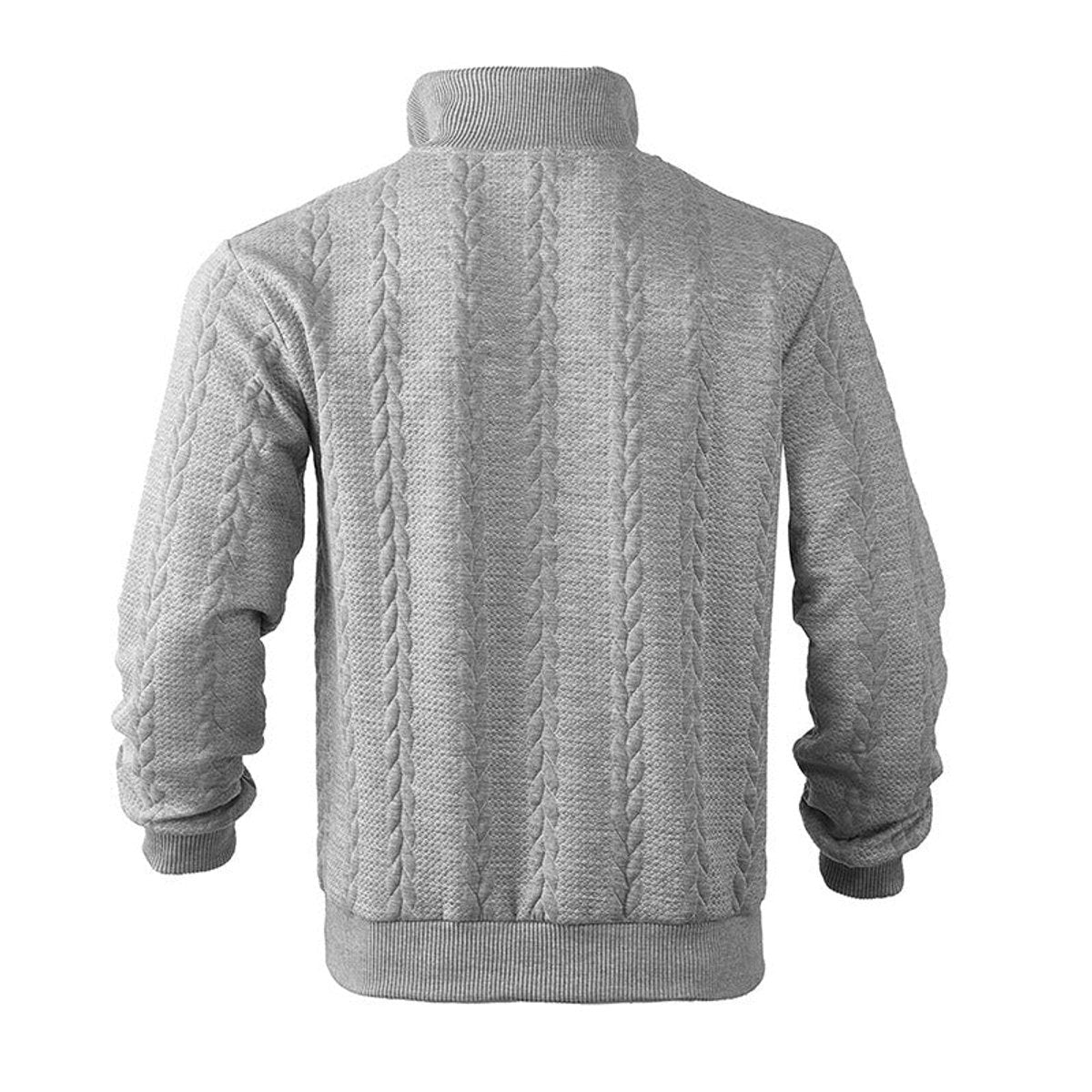 Rear view of grey cable knit quarter-zip jumper with ribbed cuffs