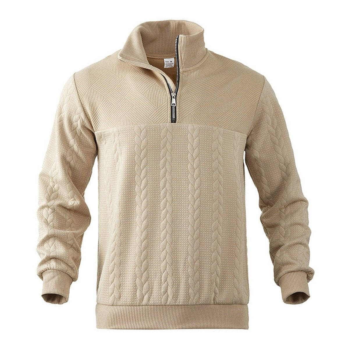 Beige cable knit quarter-zip jumper with textured shoulder panel