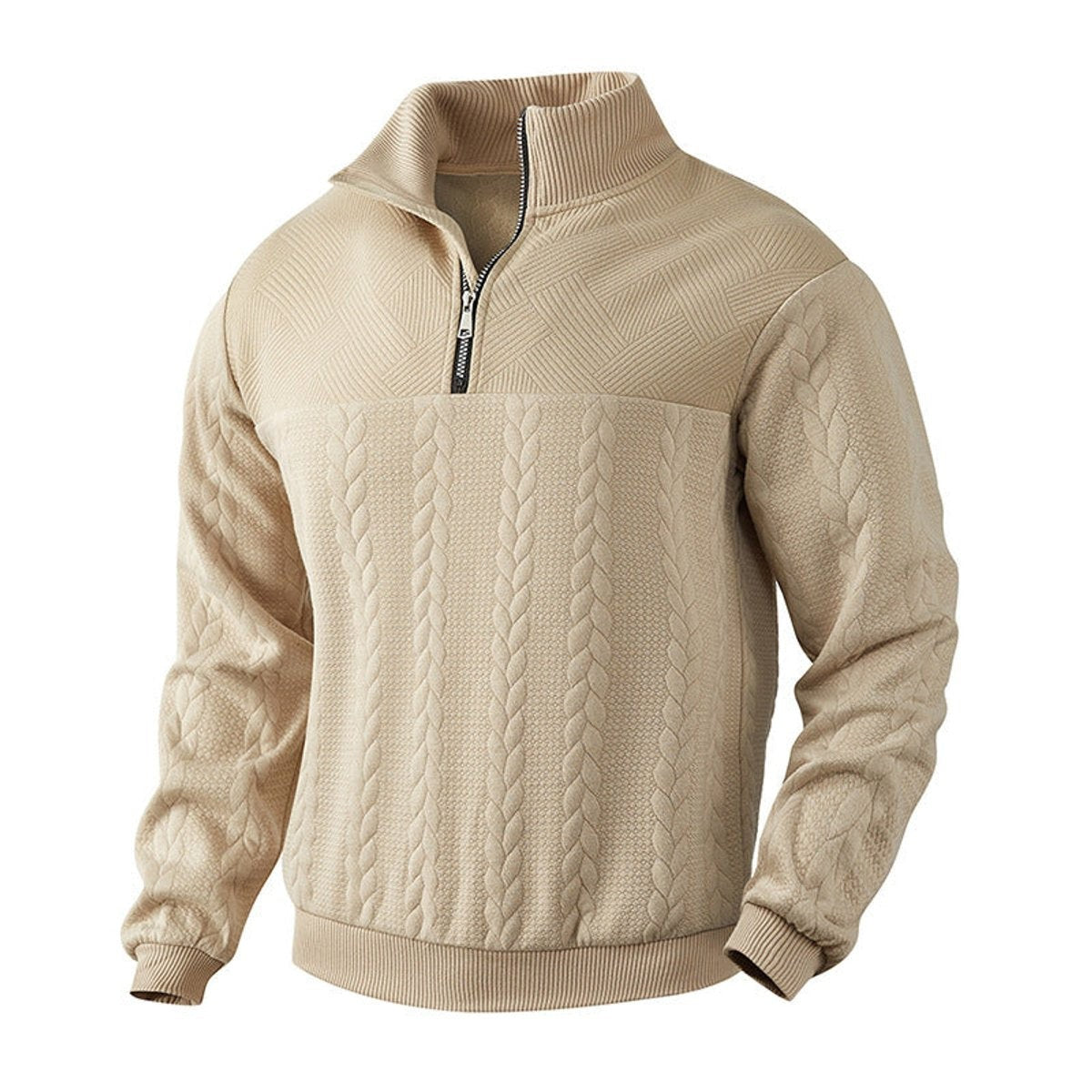 Angled view of beige quarter-zip pullover highlighting cable knit texture