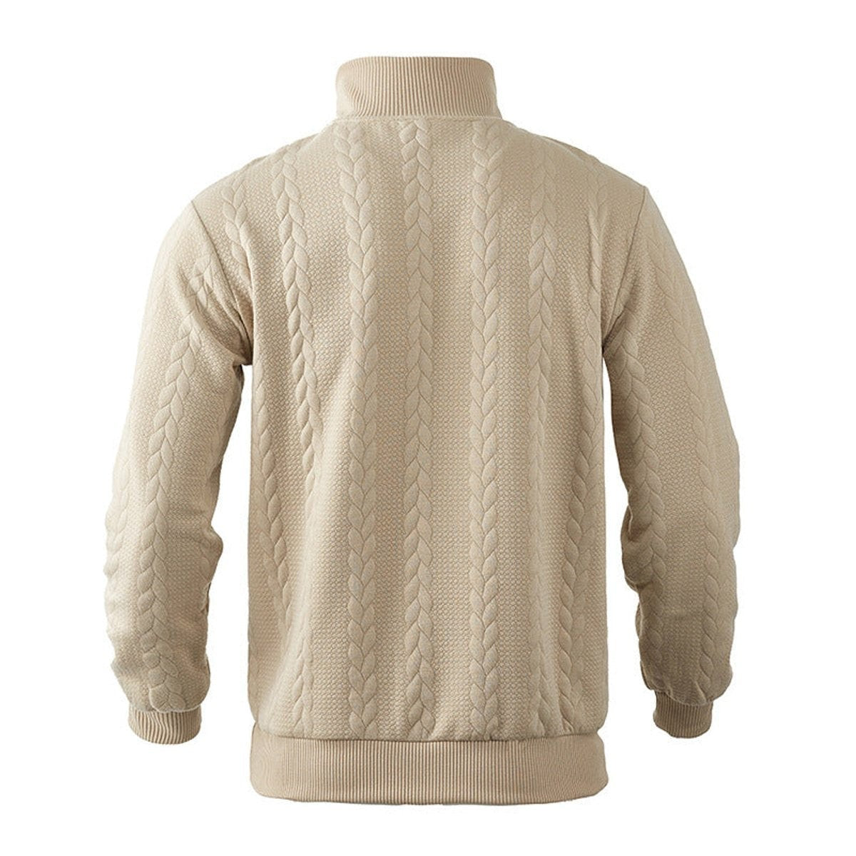 Back view of beige cable knit jumper with ribbed hem and cuffs