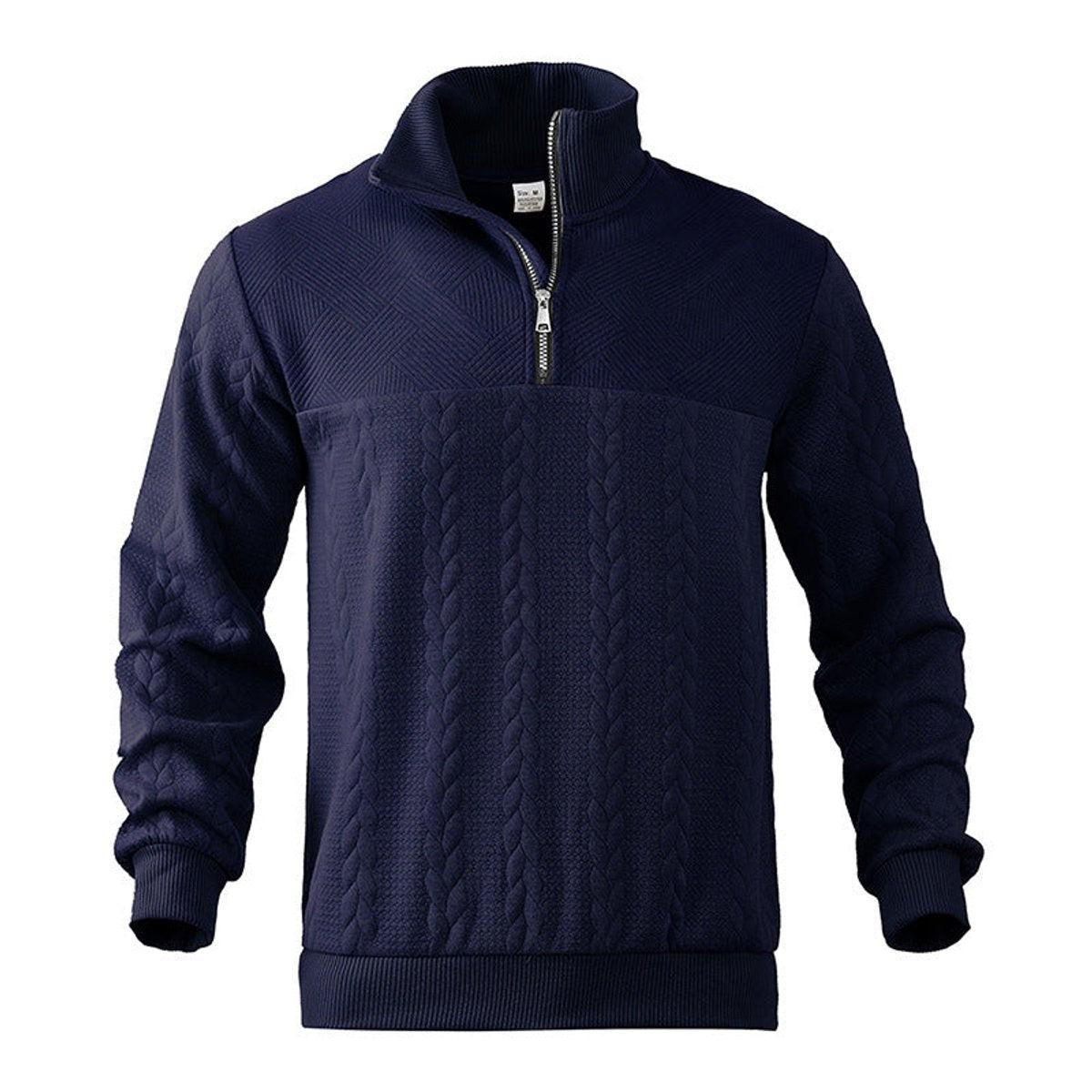 Navy quarter-zip jumper with cable knit front and textured yoke