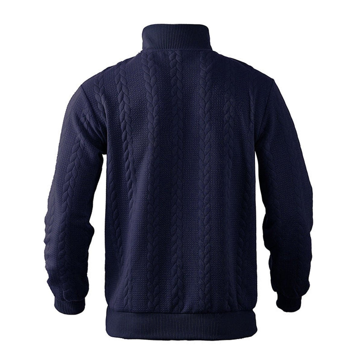 Rear view of navy cable knit pullover with ribbed collar