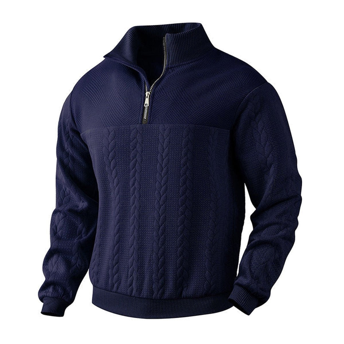Side angle of navy cable knit quarter-zip jumper with silver zip