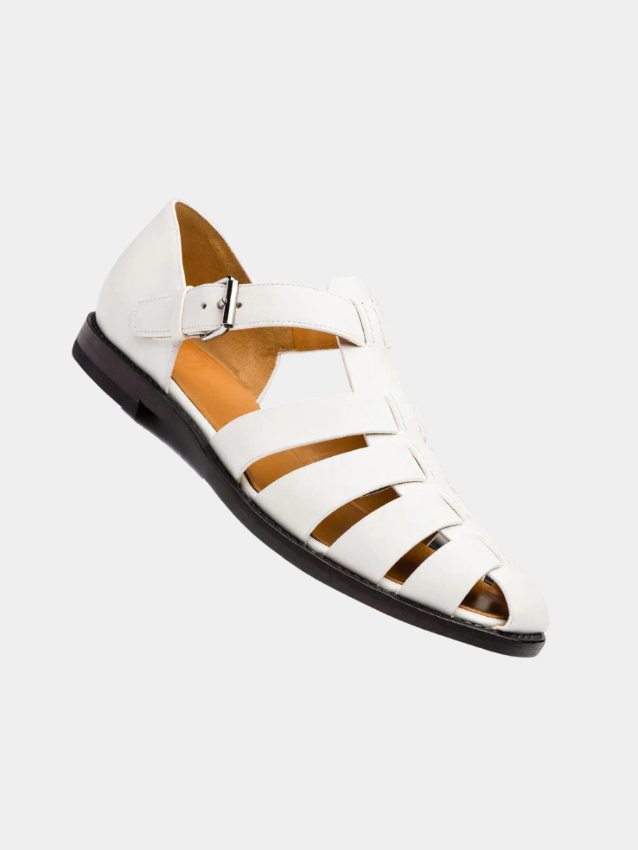 White leather fisherman sandals with caged straps and buckle fastening