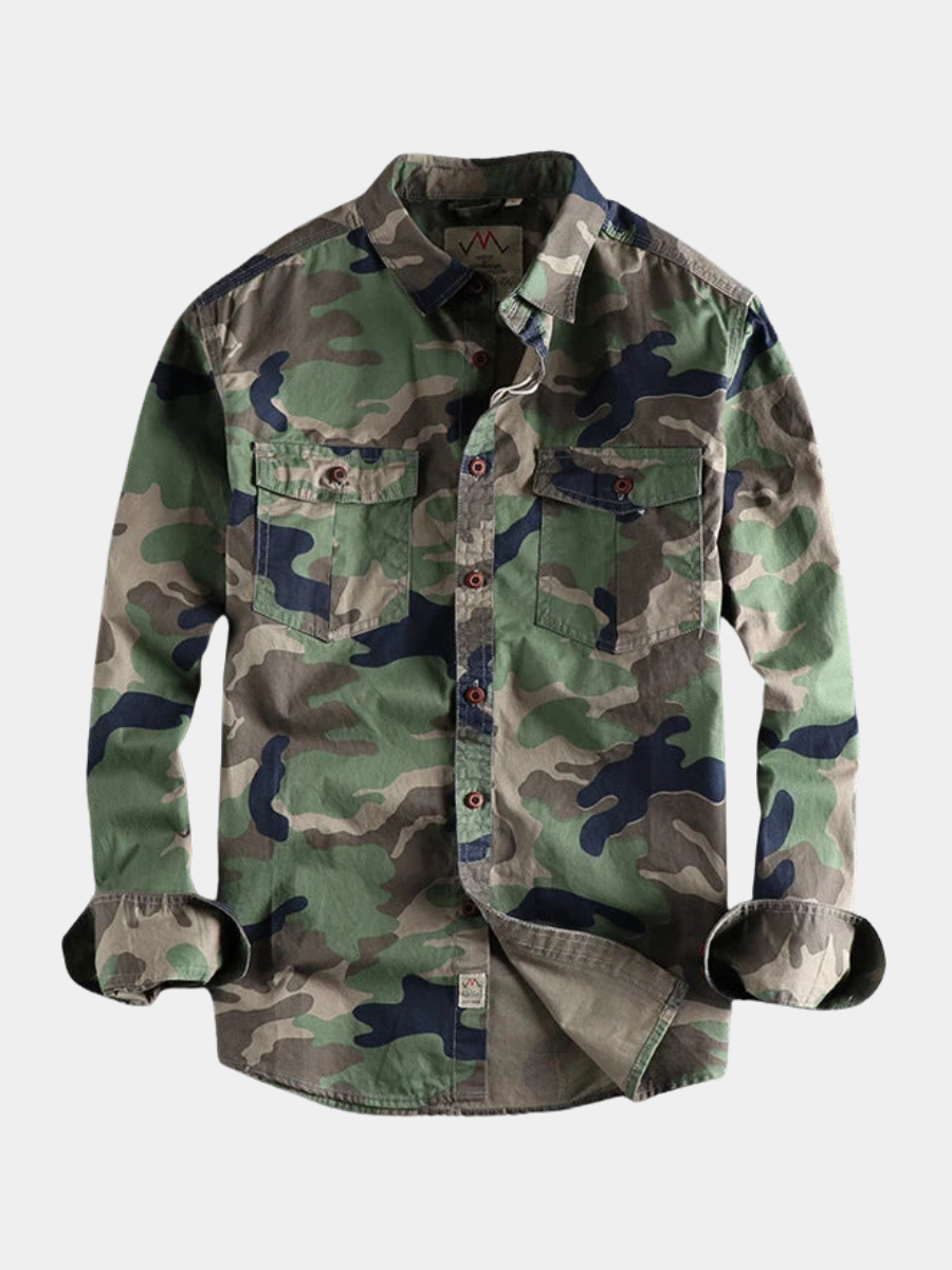 Green camouflage cotton shirt with twin chest pockets and long sleeves