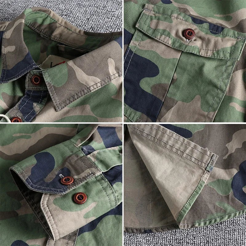 Close-up details of camouflage shirt collar, pocket buttons and cuff stitching