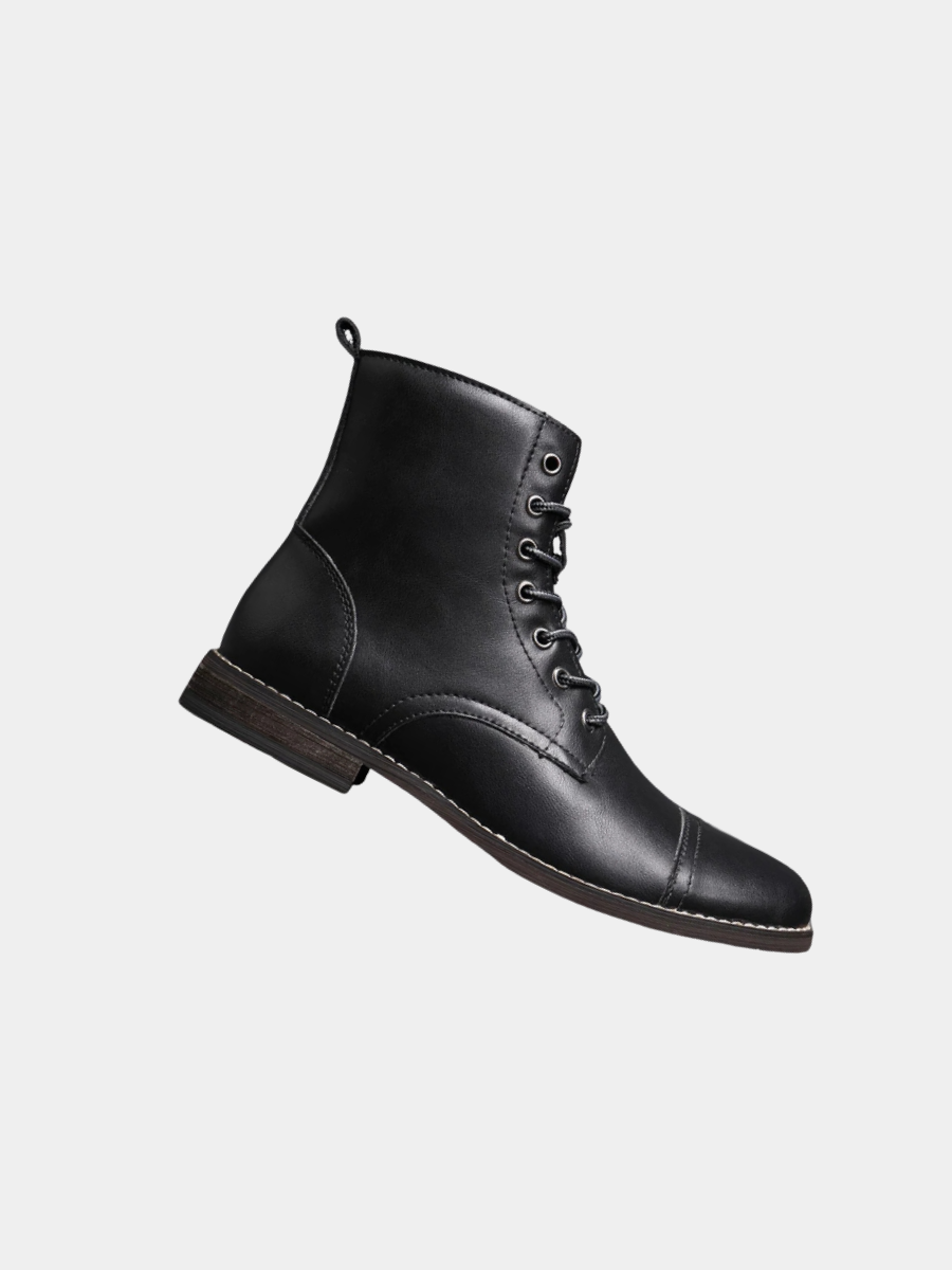 Black leather lace-up ankle boots with cap toe and stitched detailing