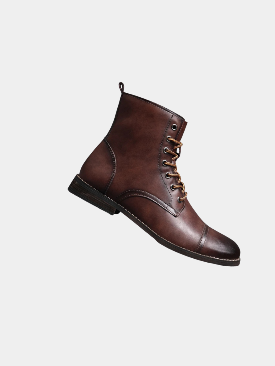 Dark brown leather lace-up boot with cap toe and tan laces, side view