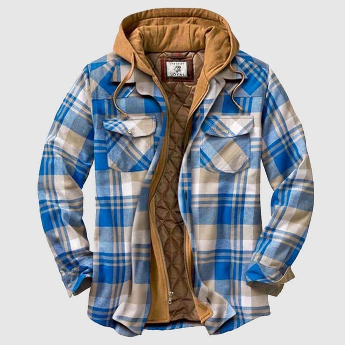 Blue check flannel shirt jacket with tan hood and quilted lining