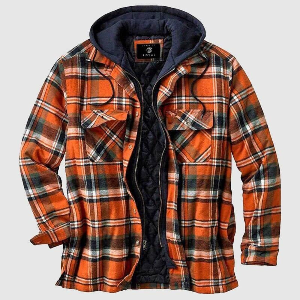 Orange plaid hooded shirt jacket with navy quilted inner lining