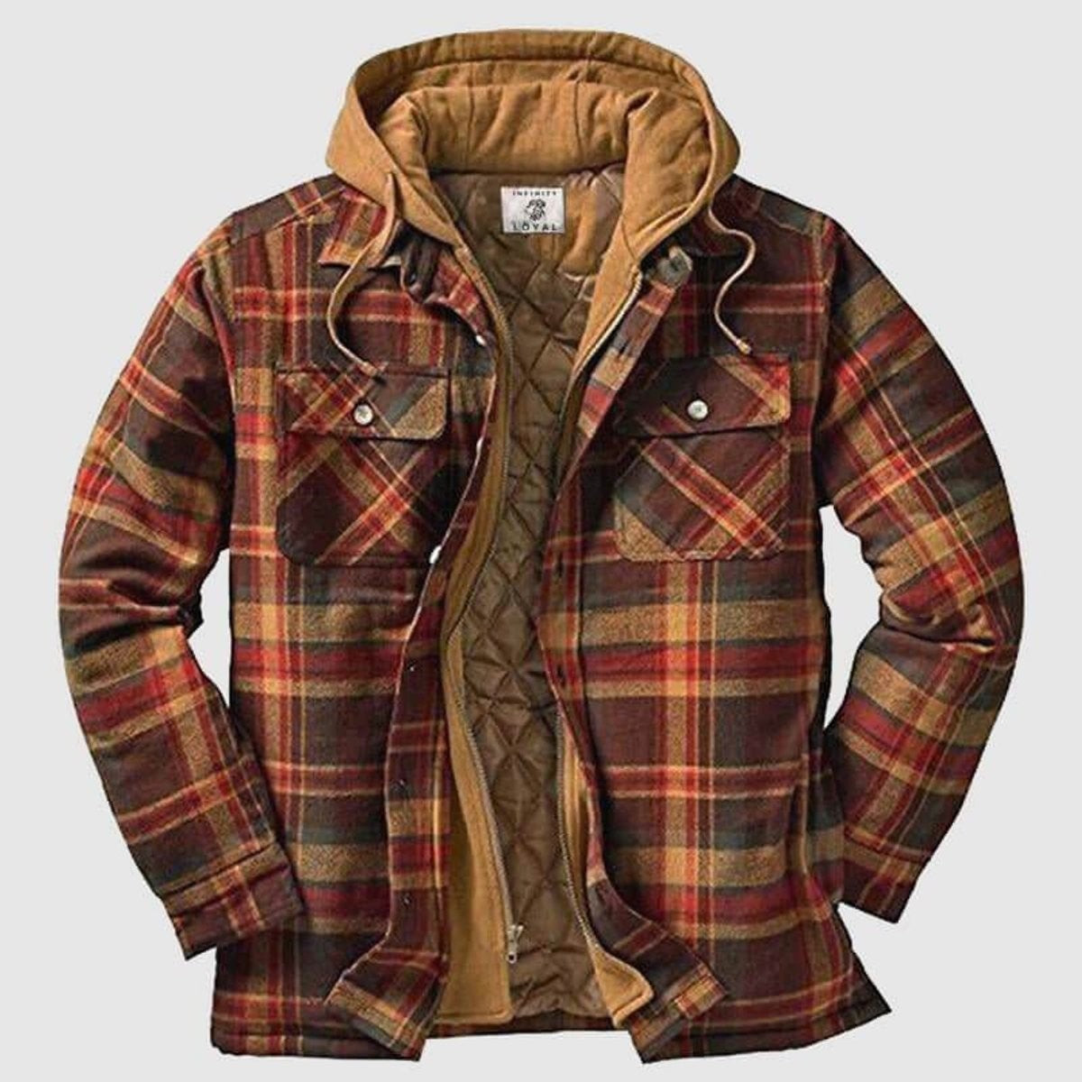 Rust plaid flannel shirt jacket featuring tan hood and quilted lining