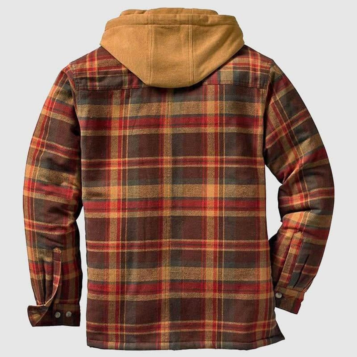 Rear view of rust plaid hooded flannel shirt jacket with tan hood