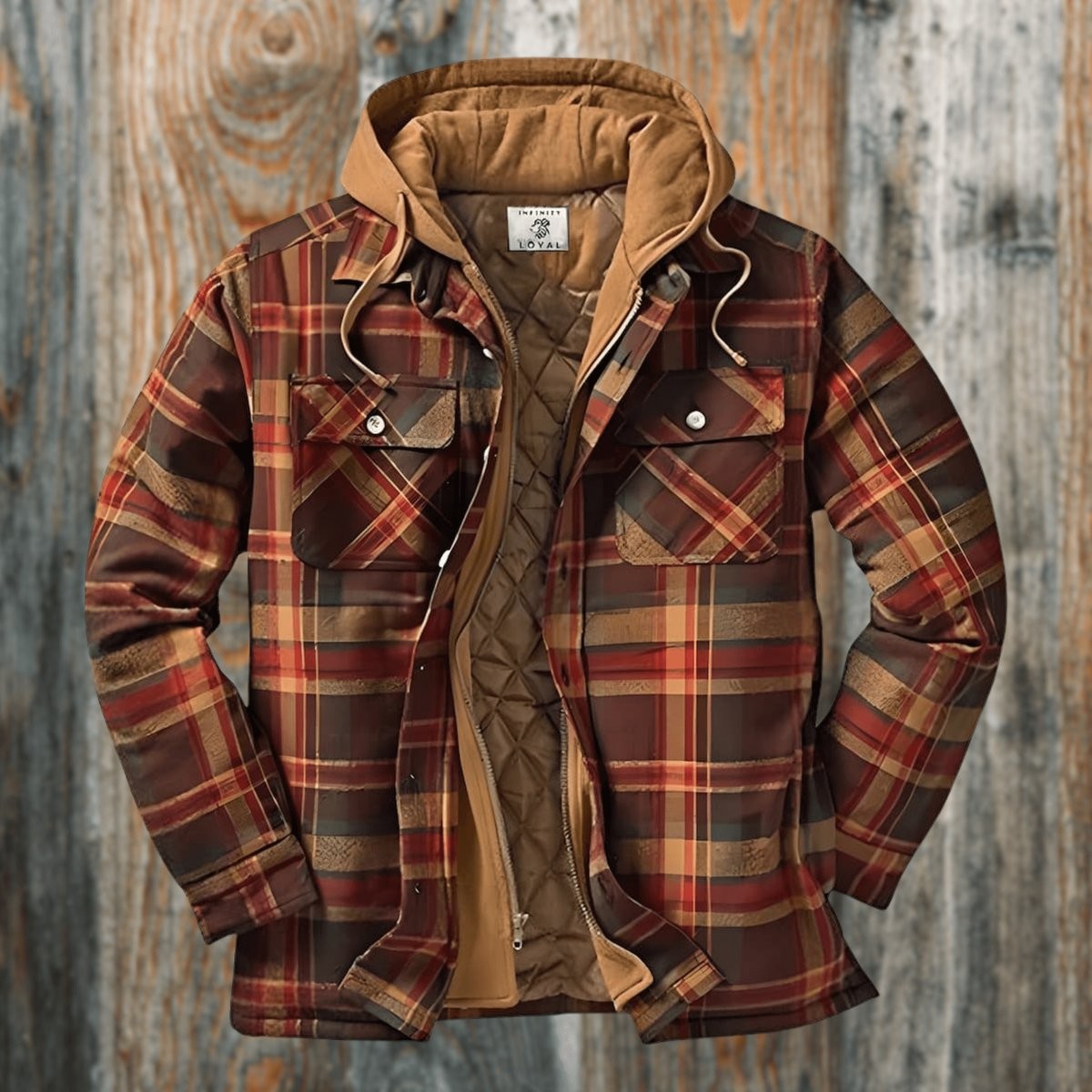 Rust check quilted-lined shirt jacket displayed against rustic wooden backdrop