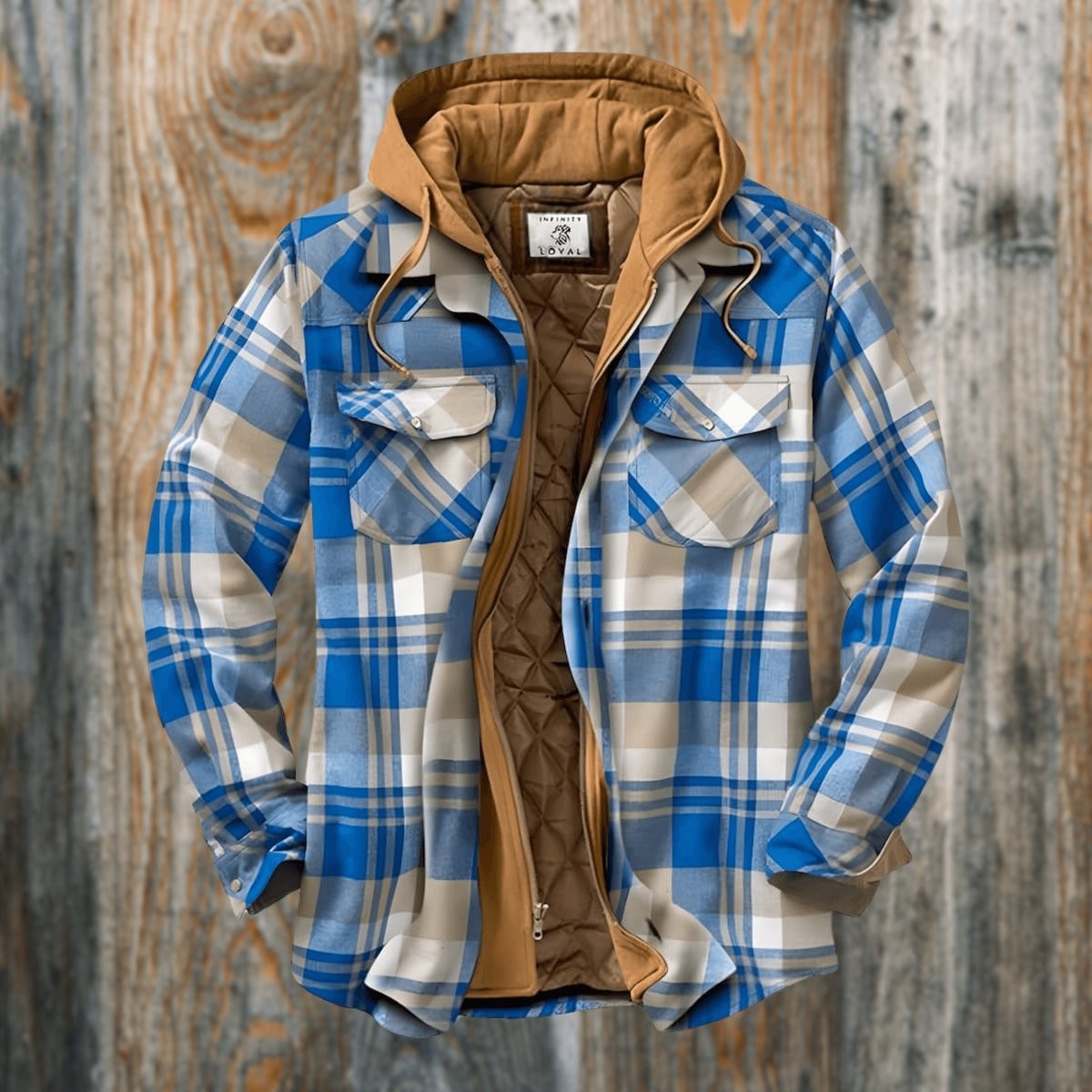 Blue check flannel shirt jacket with tan hood shown on wooden backdrop