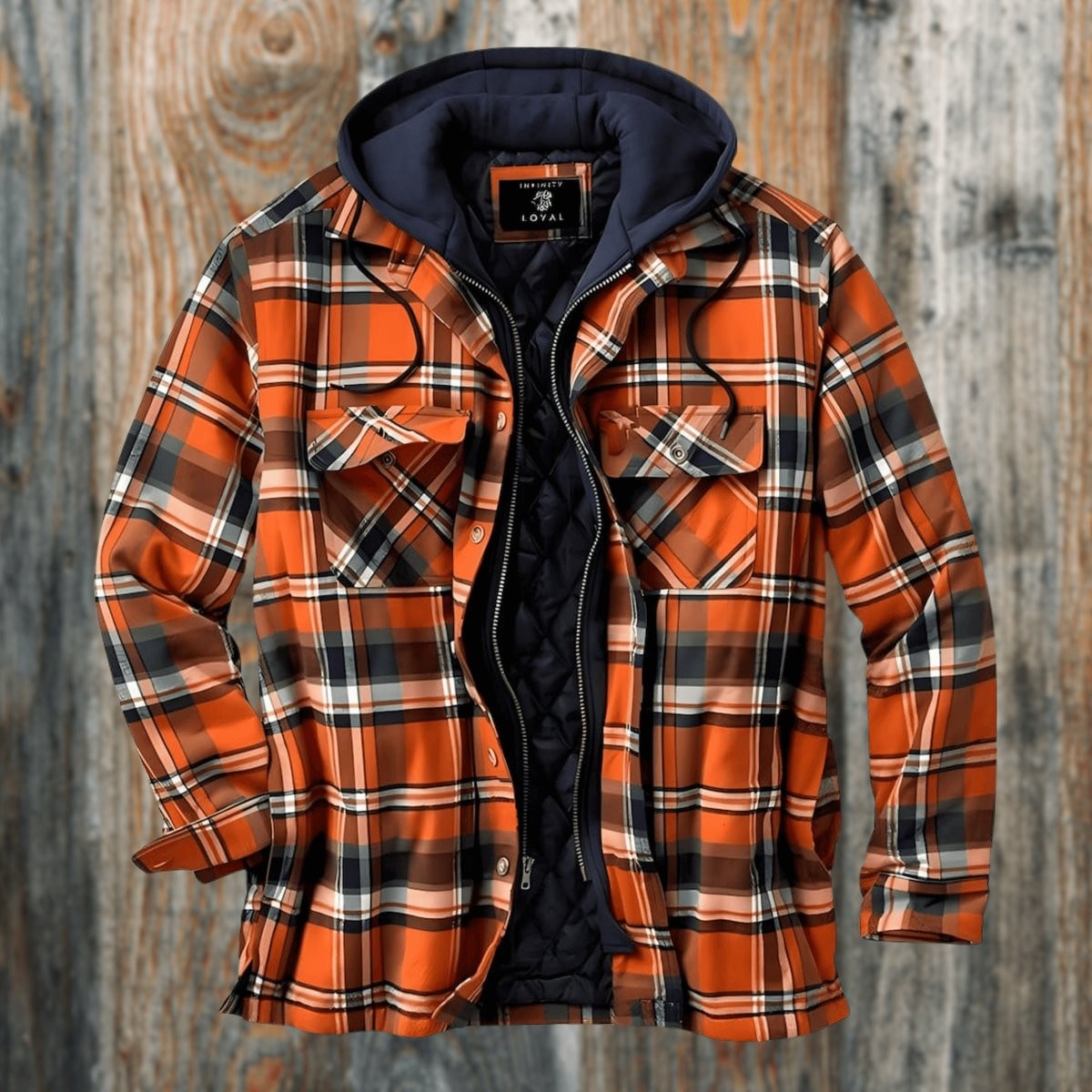 Orange plaid hooded shirt jacket with navy lining against wooden backdrop
