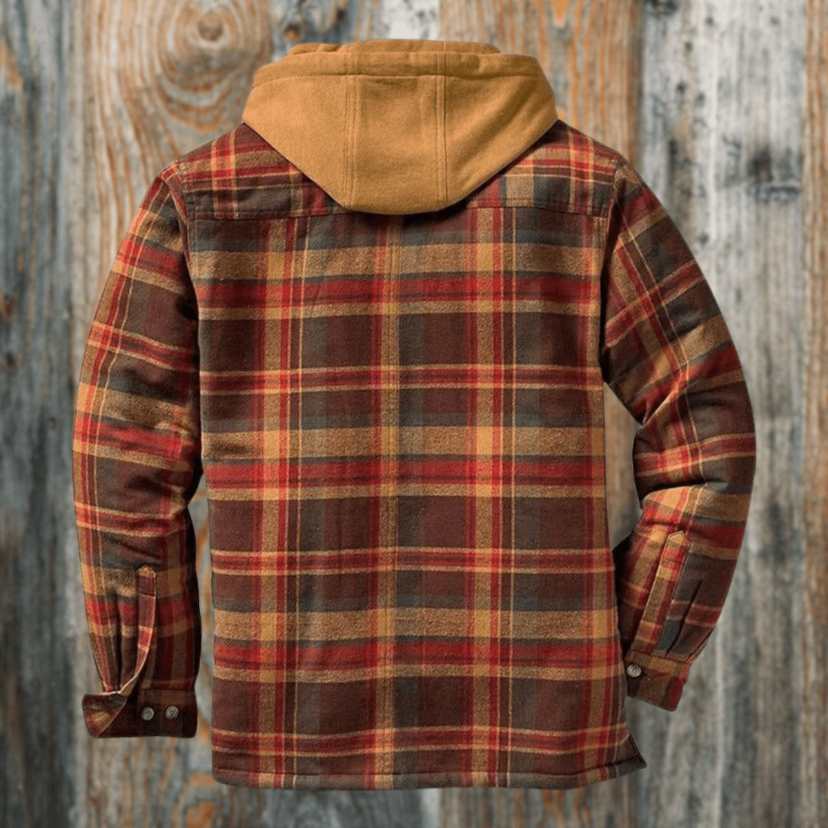 Rear view of rust plaid shirt jacket with tan hood on wooden backdrop