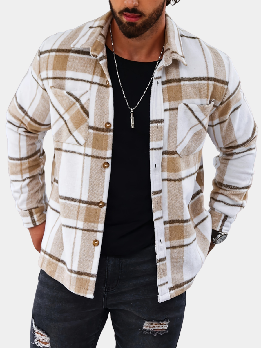 Men's beige and white plaid flannel overshirt with chest pockets, worn open
