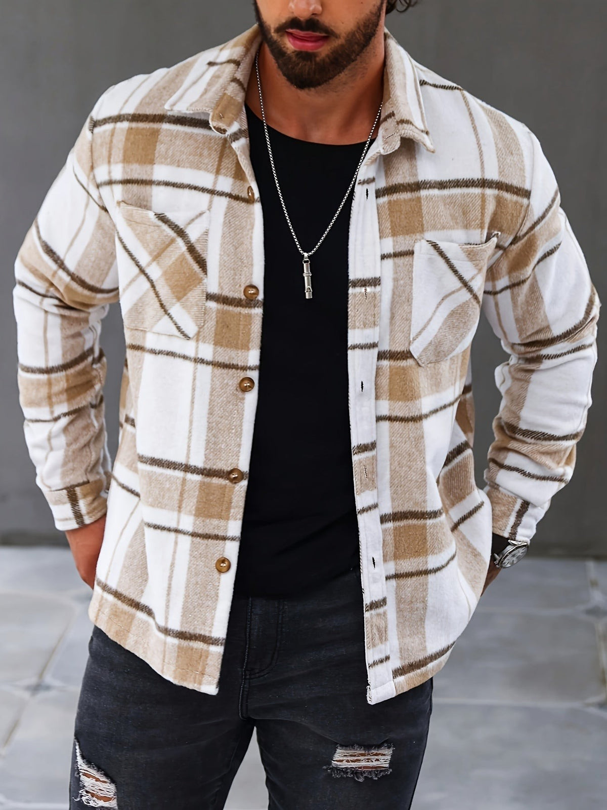 Beige checked flannel shacket with button placket and twin pockets