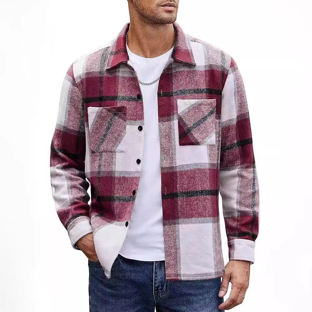 Burgundy and white plaid overshirt jacket with buttoned chest pockets