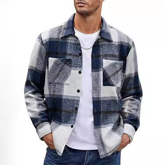 Navy and white check flannel shirt jacket with patch pockets