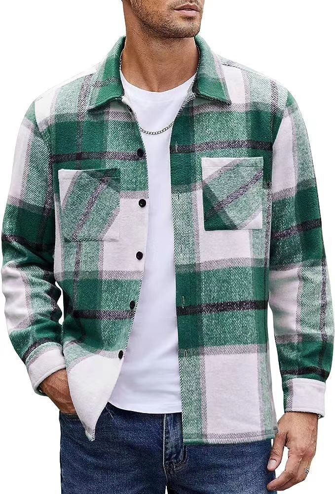 Green and white plaid shacket with contrast chest pockets, buttoned front
