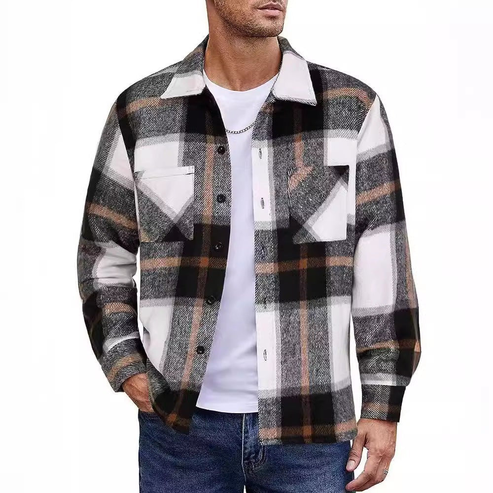 Black, white and orange plaid overshirt with dual flap pockets