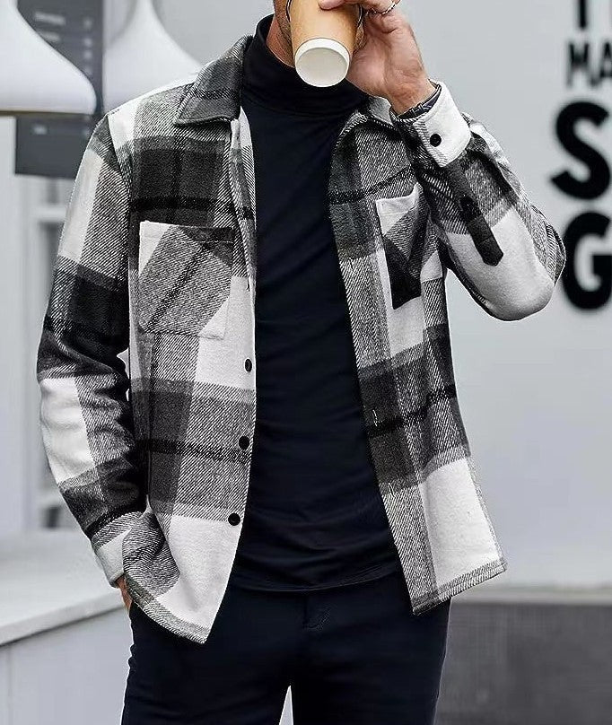 Monochrome check flannel jacket worn open over black turtleneck