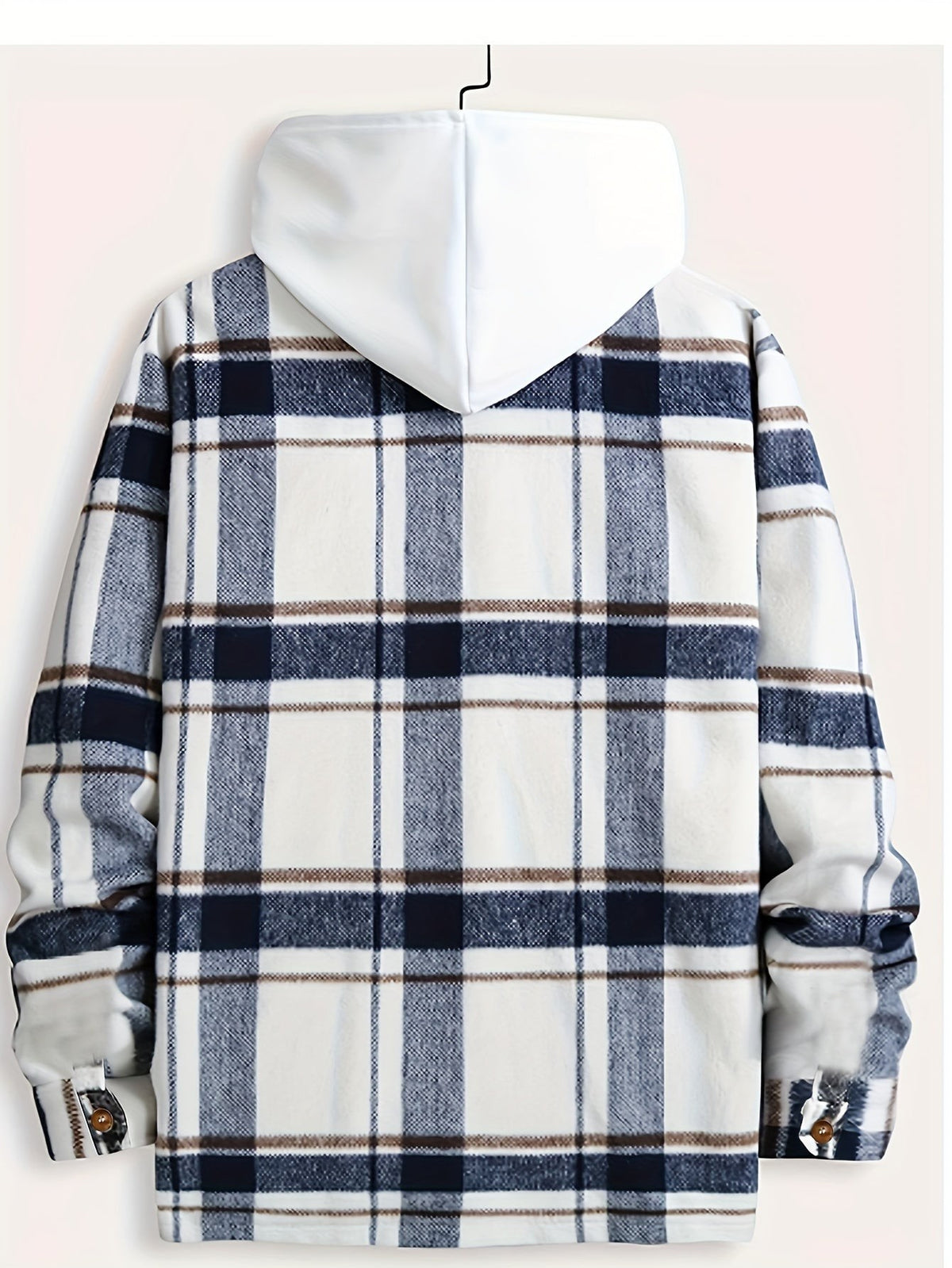 Navy and cream plaid hooded flannel jacket shown from behind