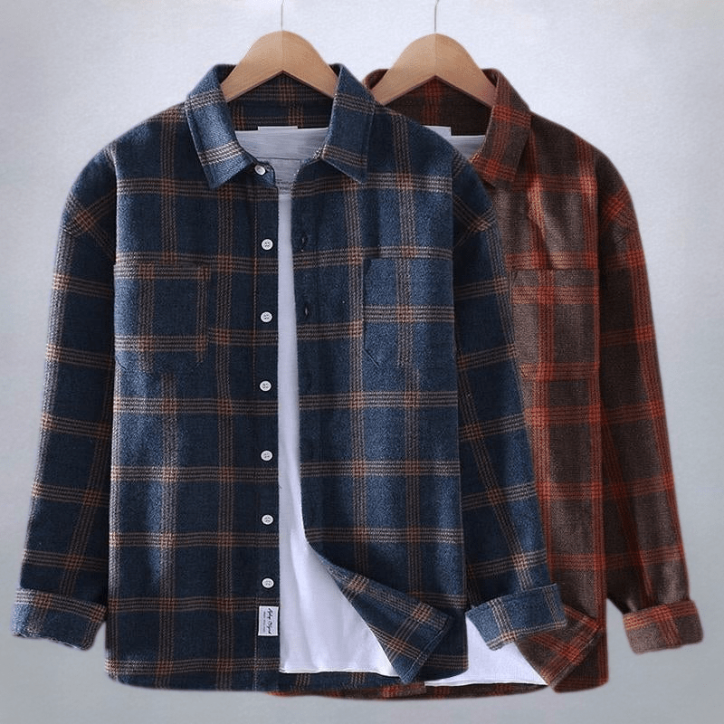 Navy and rust checked flannel shirts displayed together showing colour options