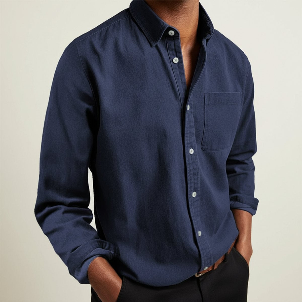 Navy long-sleeve flannel shirt with button-front placket and chest pocket