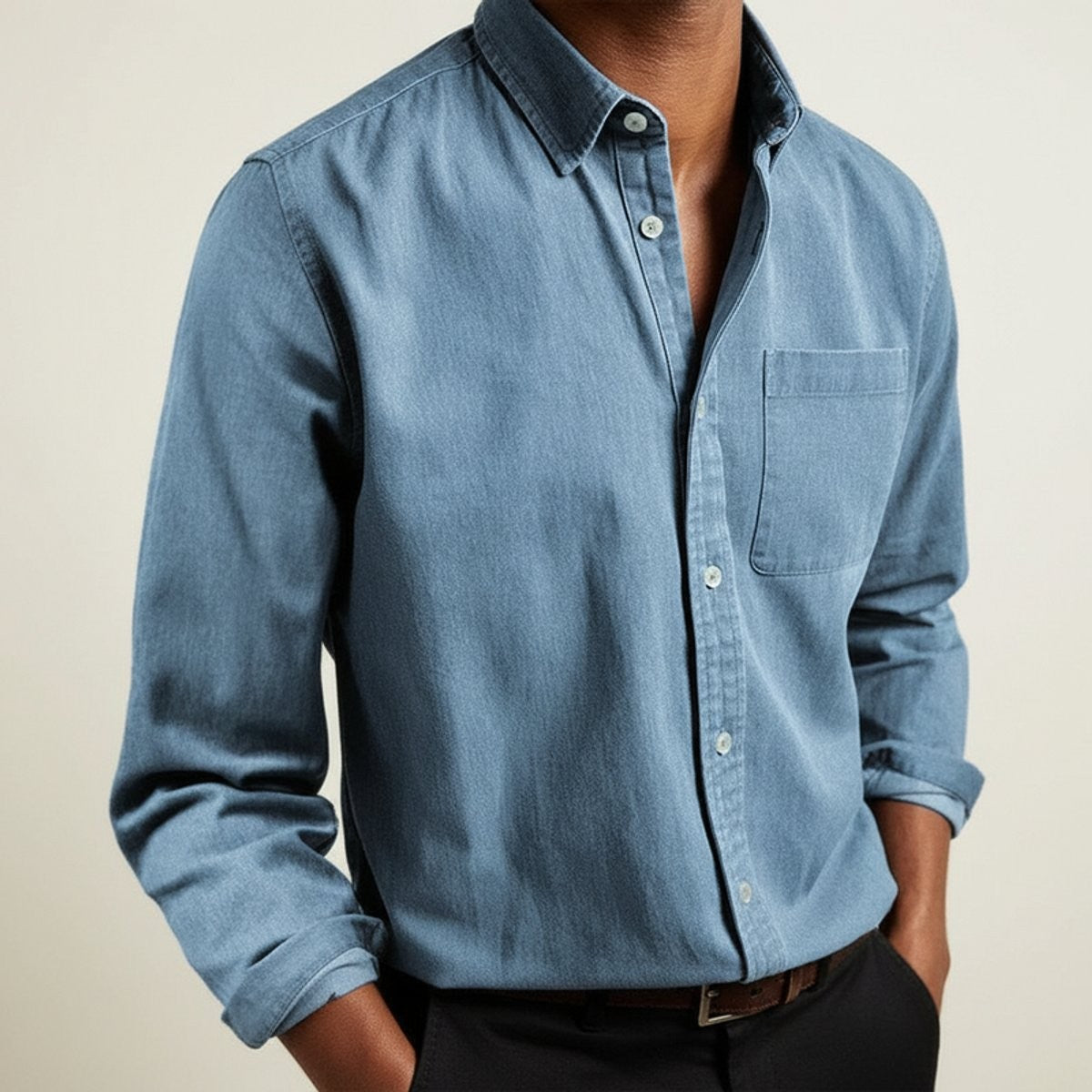 Slate blue long-sleeve flannel shirt with classic collar and chest pocket
