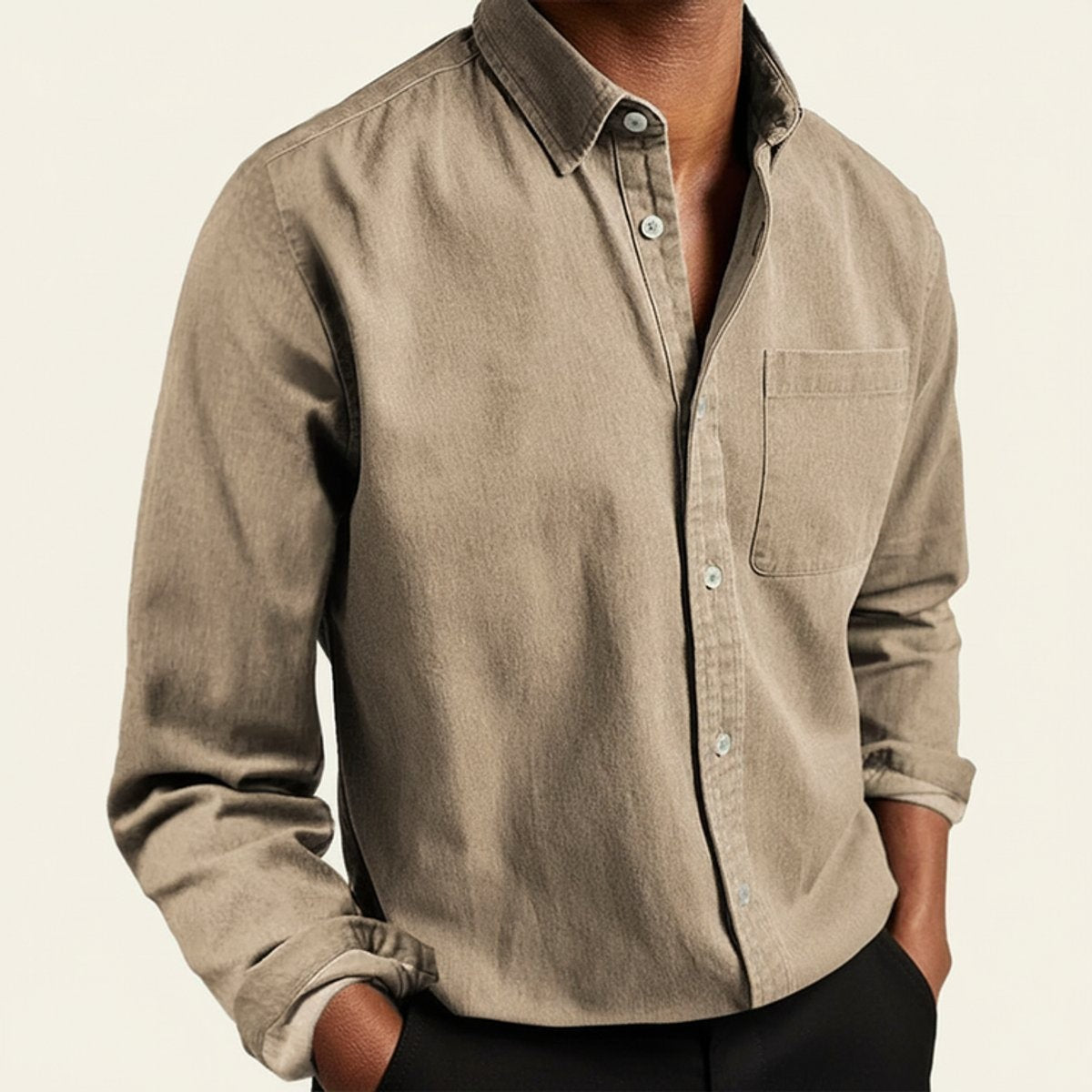 Taupe long-sleeve flannel shirt featuring classic collar and chest pocket