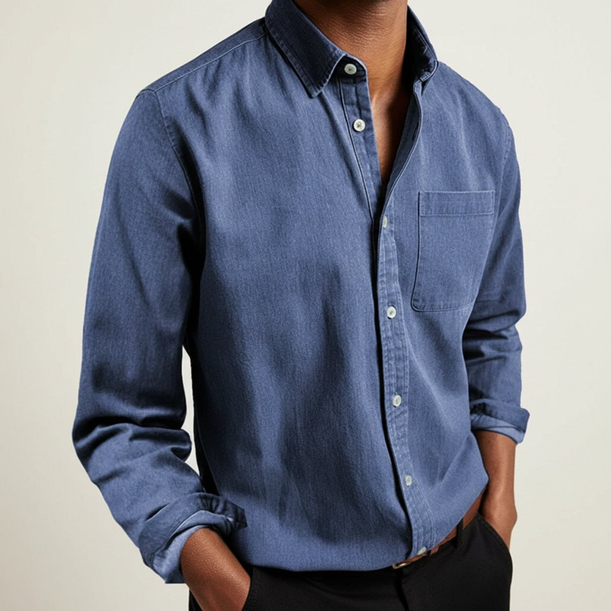 Denim-blue long-sleeve flannel shirt with button-front and single chest pocket