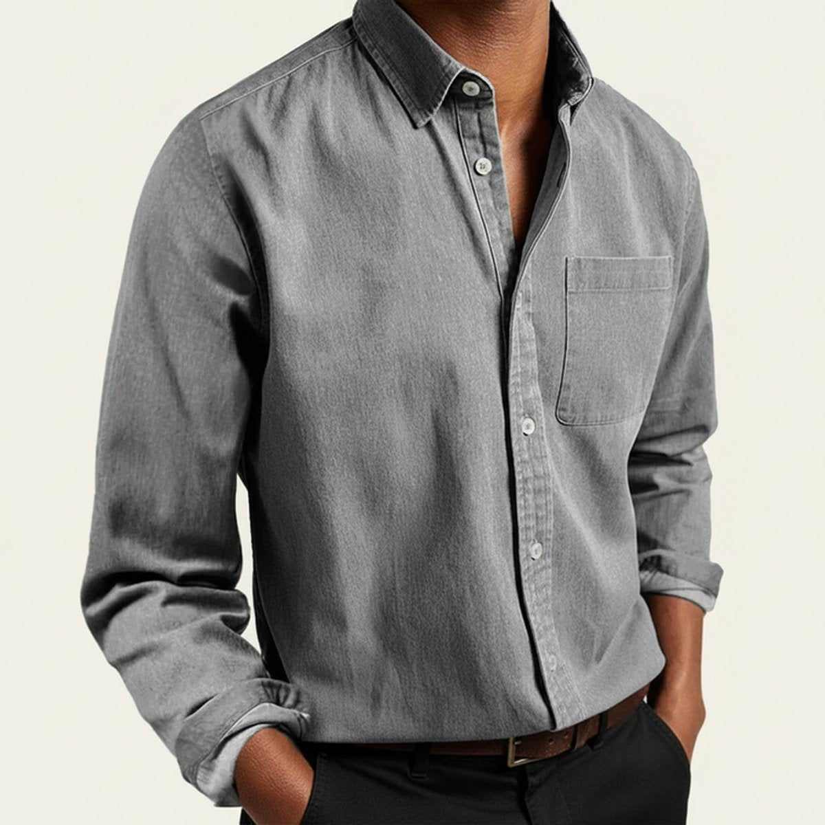 Charcoal grey long-sleeve flannel shirt with classic collar and chest pocket