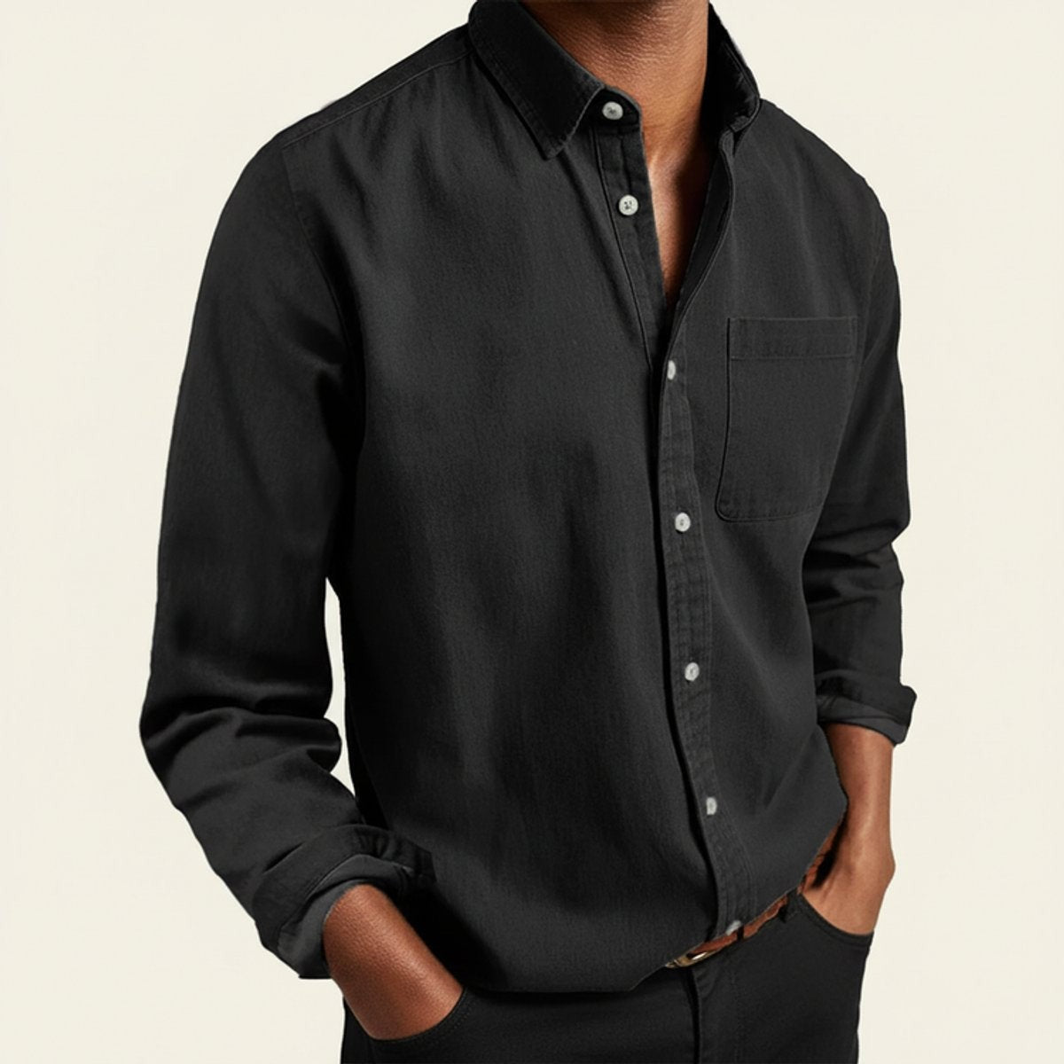 Black long-sleeve flannel shirt with button-front placket and chest pocket