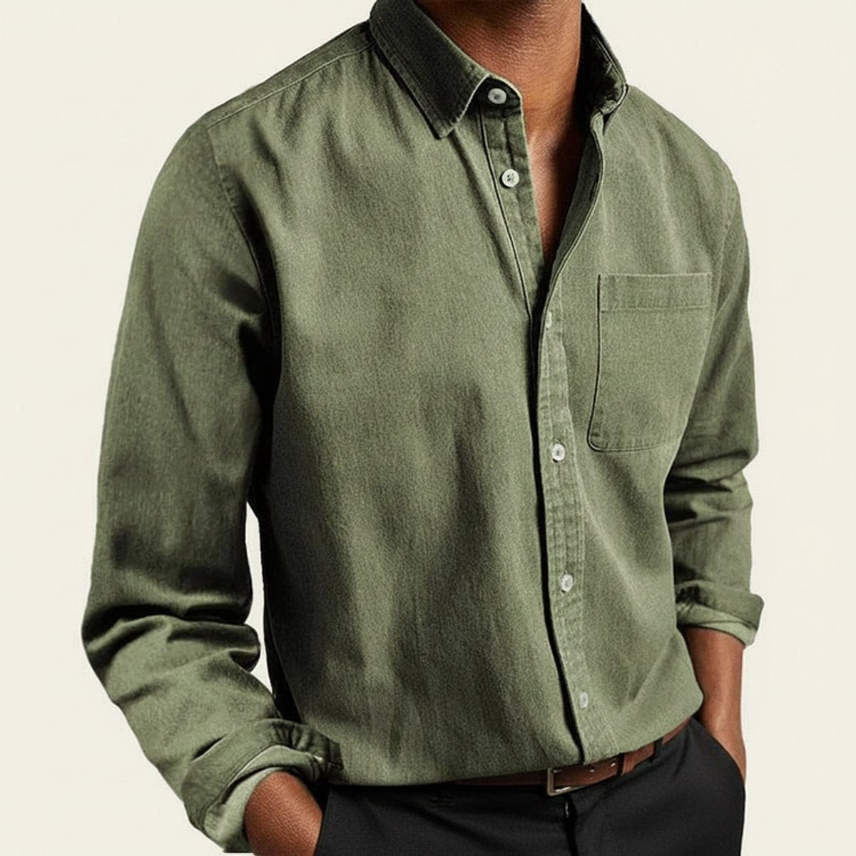 Olive green long-sleeve flannel shirt featuring classic collar and chest pocket