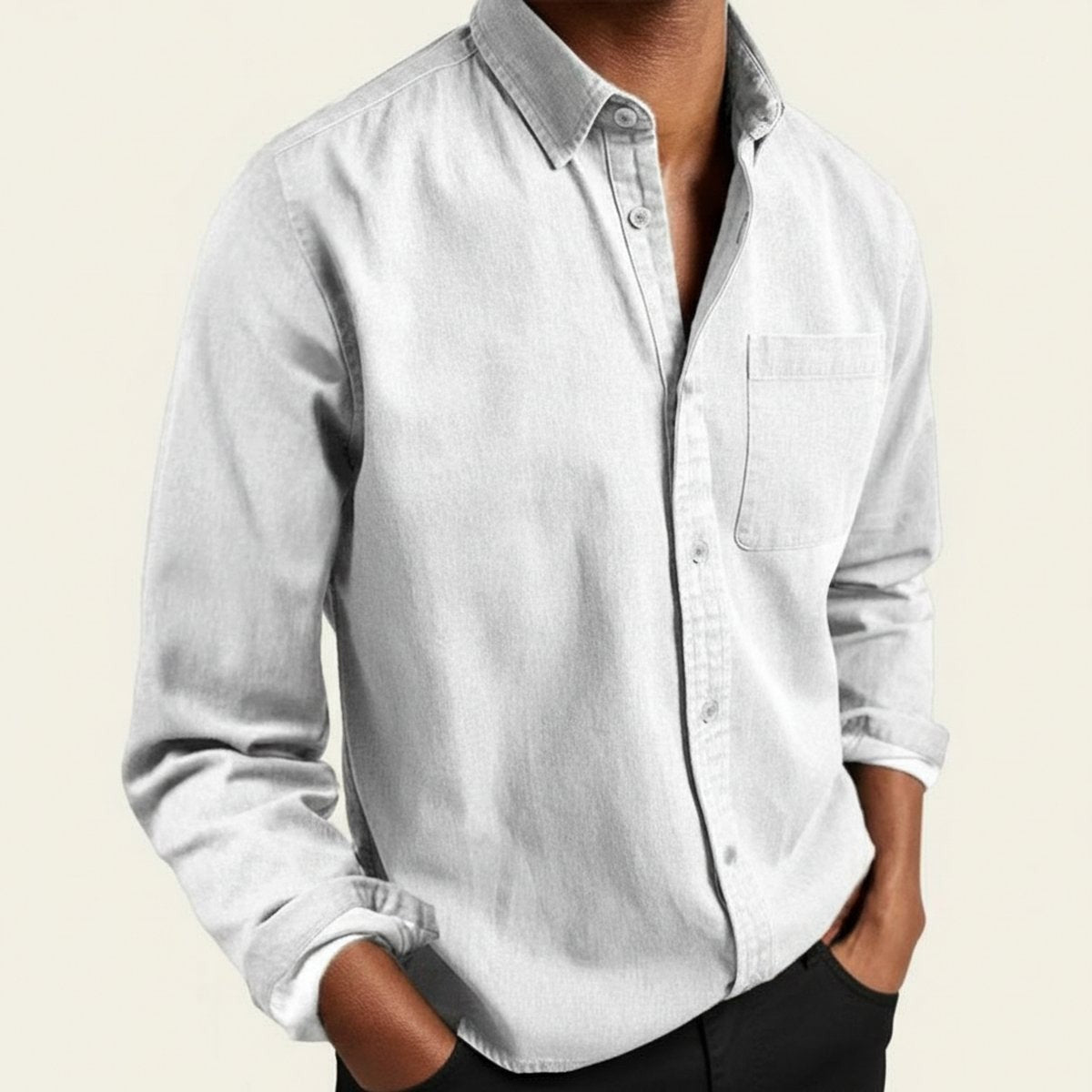Light grey long-sleeve flannel shirt with button-front and single chest pocket