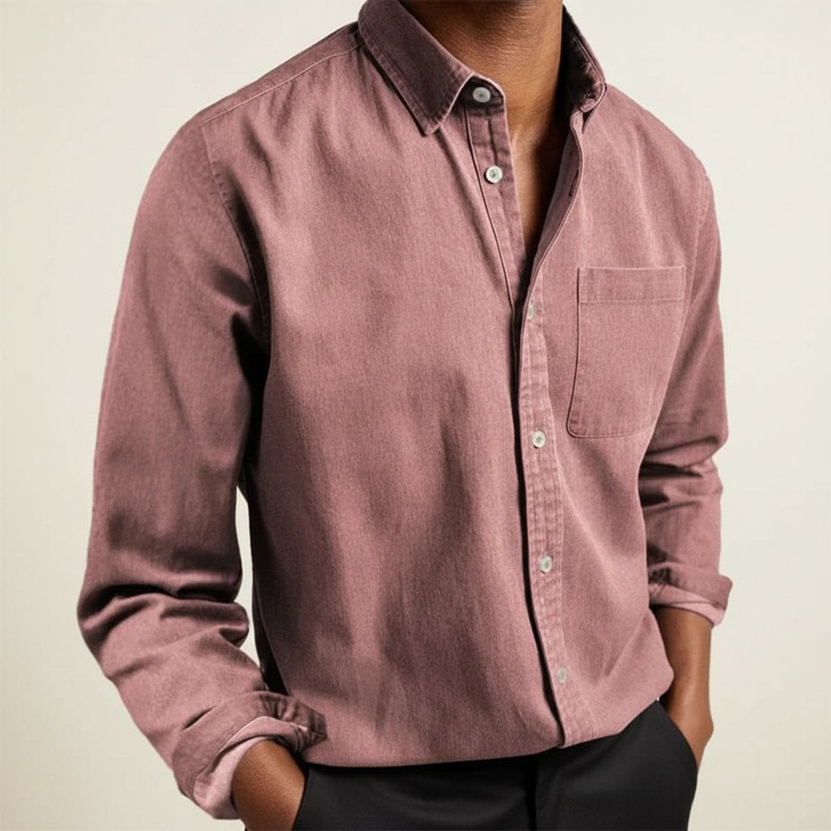 Dusty rose long-sleeve flannel shirt featuring button-front placket and chest pocket