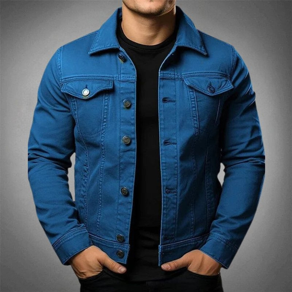 Men's blue denim jacket with button-up front and classic collar