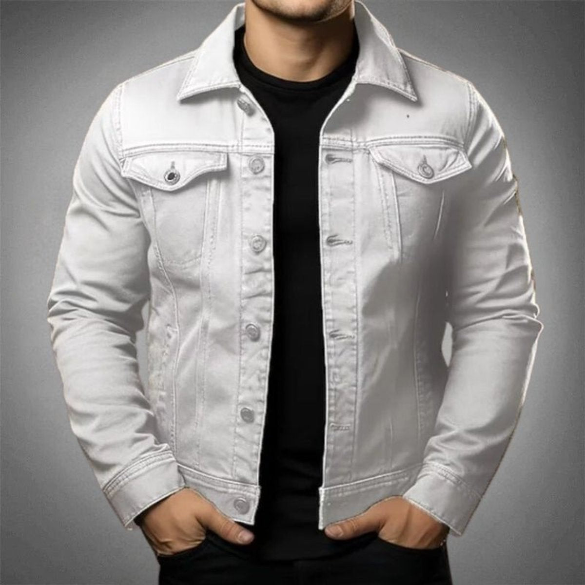 White denim jacket with button fastening and classic point collar