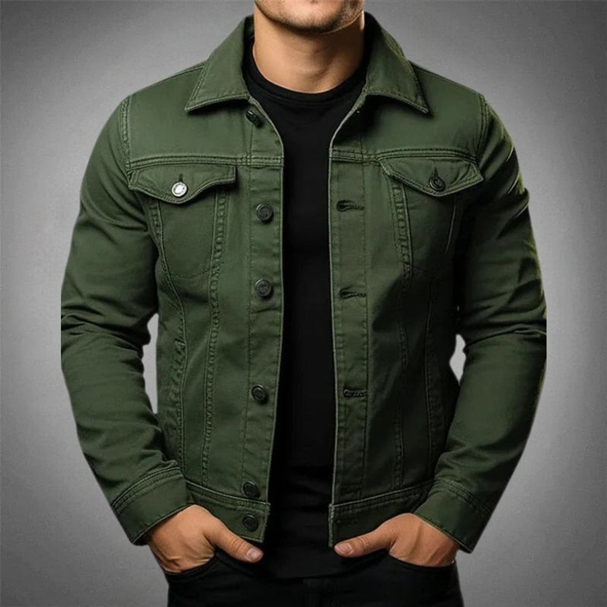 Khaki green denim jacket with flap pockets and buttoned front