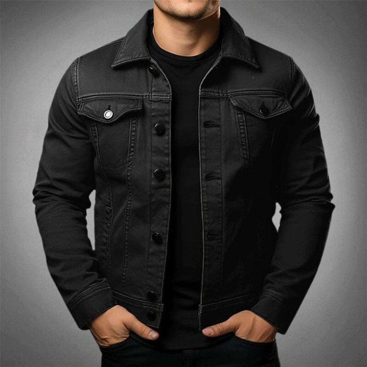 Black denim jacket with classic collar and button-up fastening
