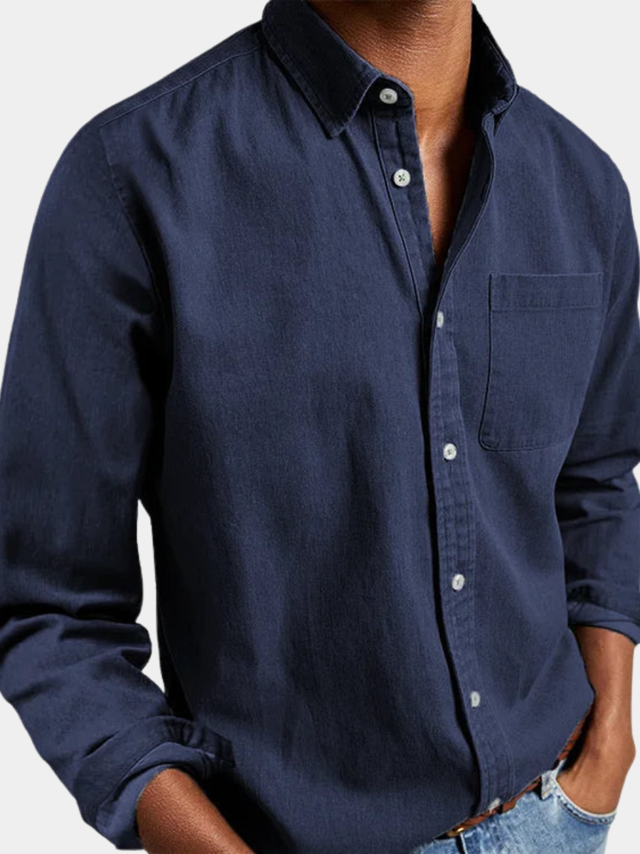 Navy denim button shirt with chest pocket and long sleeves