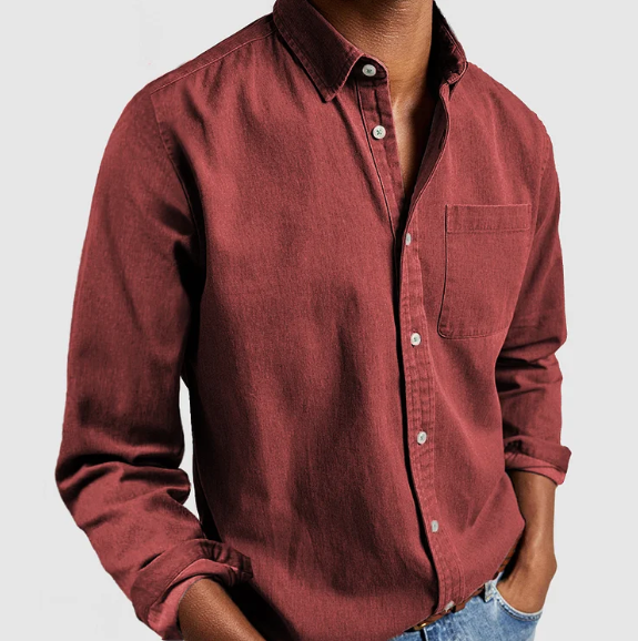 Brick red denim button shirt with classic collar and long sleeves