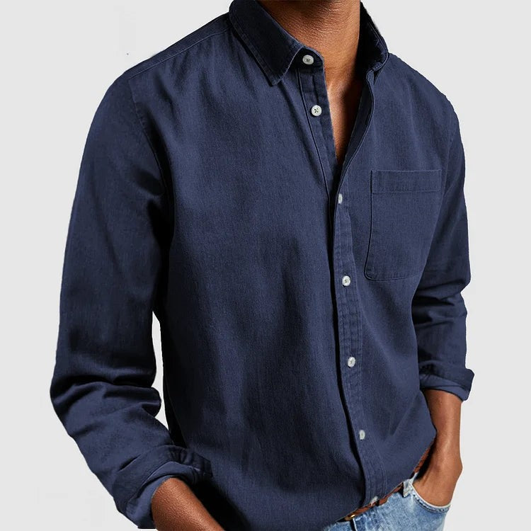 Close-up of navy denim shirt showing button placket and collar