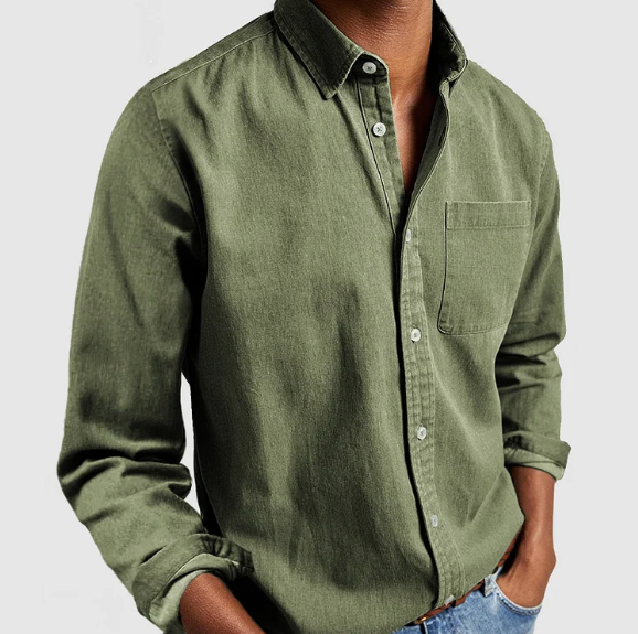 Olive green denim button shirt with single chest pocket