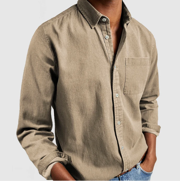 Taupe brown denim shirt with classic collar and buttoned cuffs