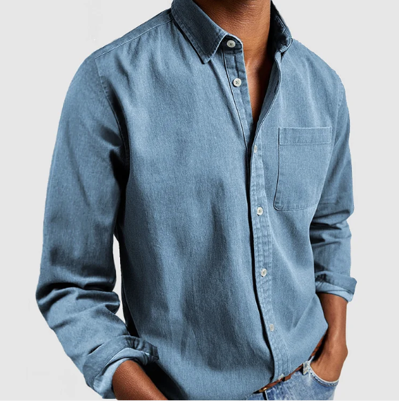 Light blue denim button shirt with chest pocket detail