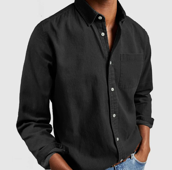 Black denim button shirt with classic collar and chest pocket